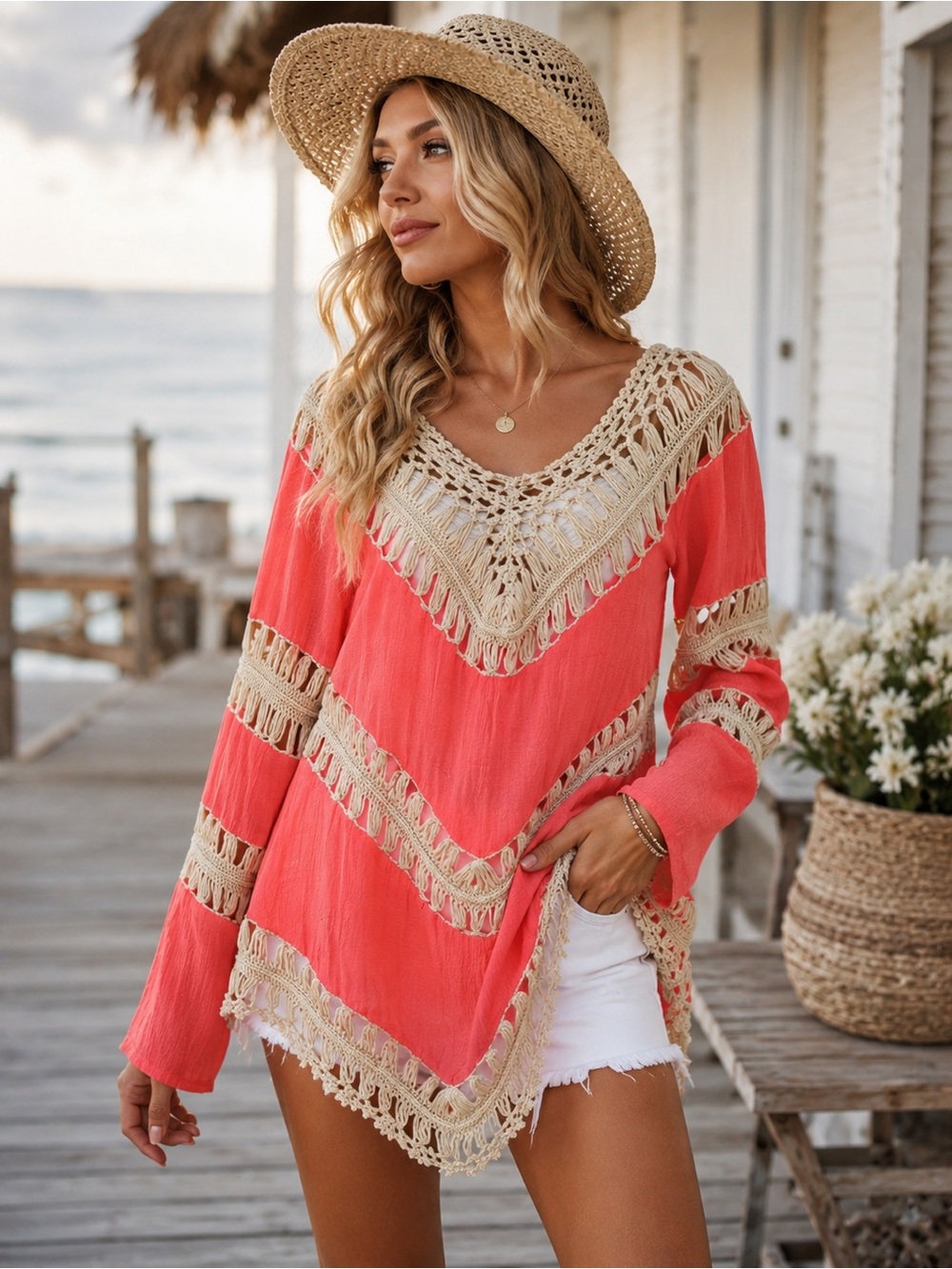 Umgee Coral Gauze Macramé Crochet Boho Tunic Top Long Sleeve Beach Cover-Up